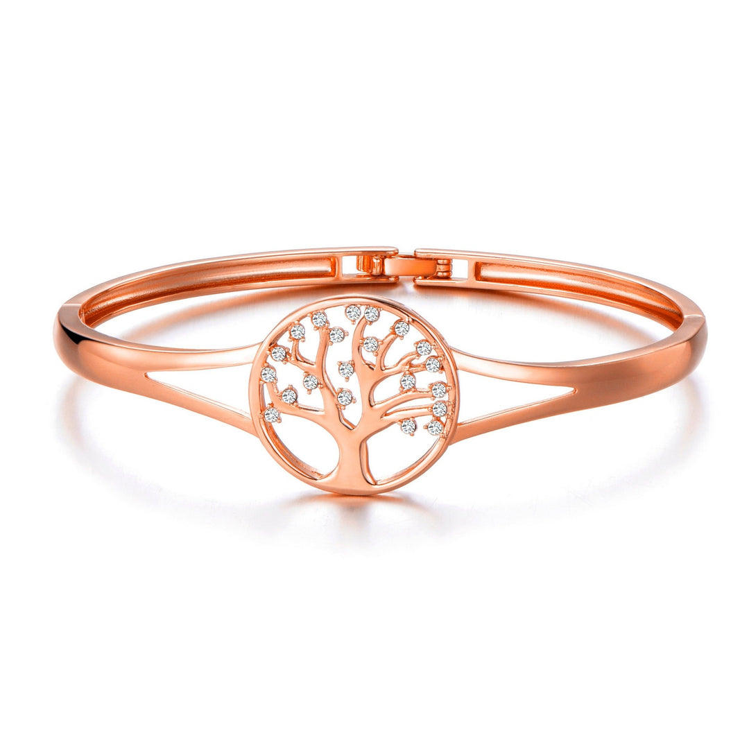Rose Gold Plated Tree of Life Bangle Created with Zircondia® Crystals (7 Inch) - Philip Jones Jewellery