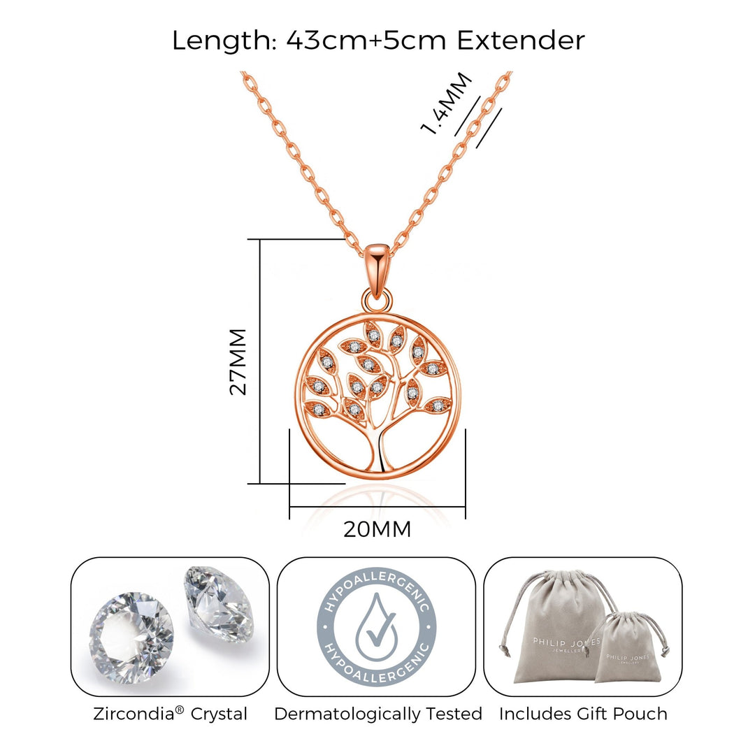Rose Gold Plated Tree of Life Necklace Created with Zircondia® Crystals - Philip Jones Jewellery