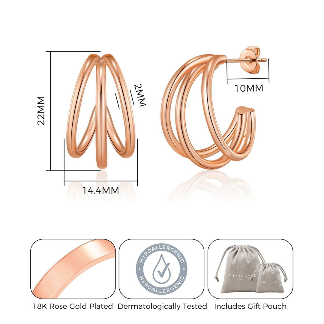 Rose Gold Plated Triple Illusion Hoop Earrings - Philip Jones Jewellery