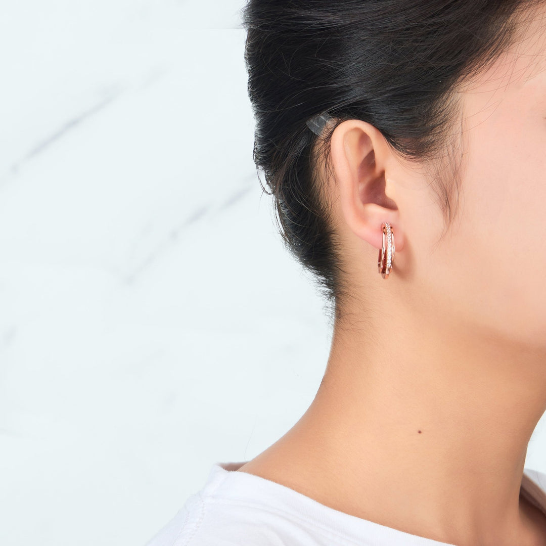 Rose Gold Plated Triple Illusion Hoop Earrings Created with Zircondia® Crystals - Philip Jones Jewellery