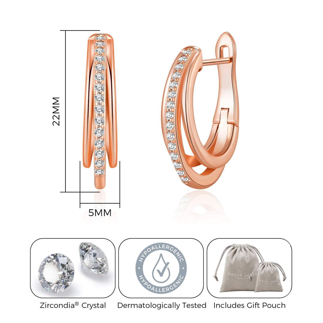 Rose Gold Plated Triple Illusion Hoop Earrings Created with Zircondia® Crystals - Philip Jones Jewellery