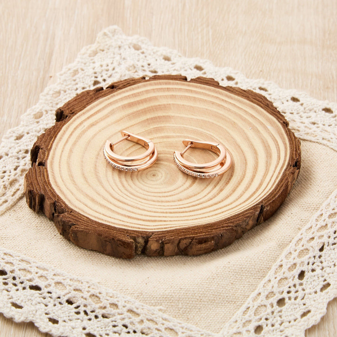 Rose Gold Plated Triple Illusion Hoop Earrings Created with Zircondia® Crystals - Philip Jones Jewellery