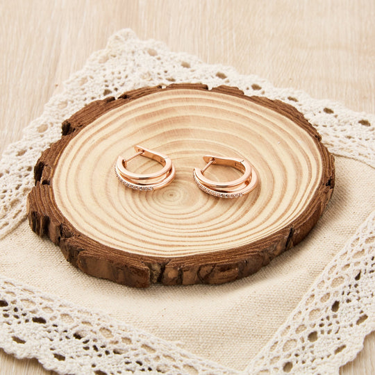 Rose Gold Plated Triple Illusion Hoop Earrings Created with Zircondia® Crystals - Philip Jones Jewellery