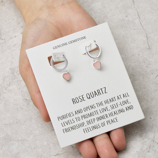 Rose Quartz Gemstone Heart Charm Hoop Earrings with Quote Card - Philip Jones Jewellery