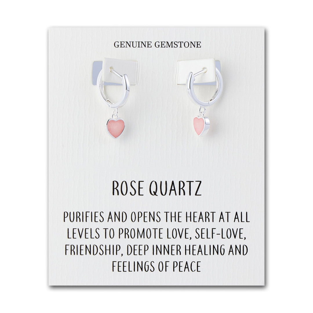 Rose Quartz Gemstone Heart Charm Hoop Earrings with Quote Card - Philip Jones Jewellery