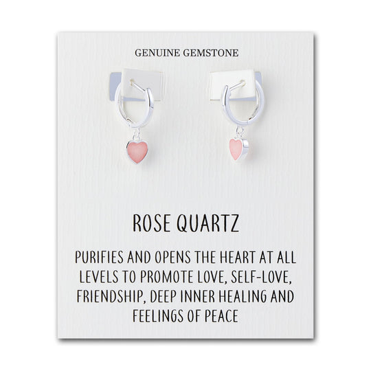 Rose Quartz Gemstone Heart Charm Hoop Earrings with Quote Card - Philip Jones Jewellery