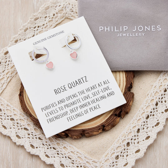 Rose Quartz Gemstone Heart Charm Hoop Earrings with Quote Card - Philip Jones Jewellery