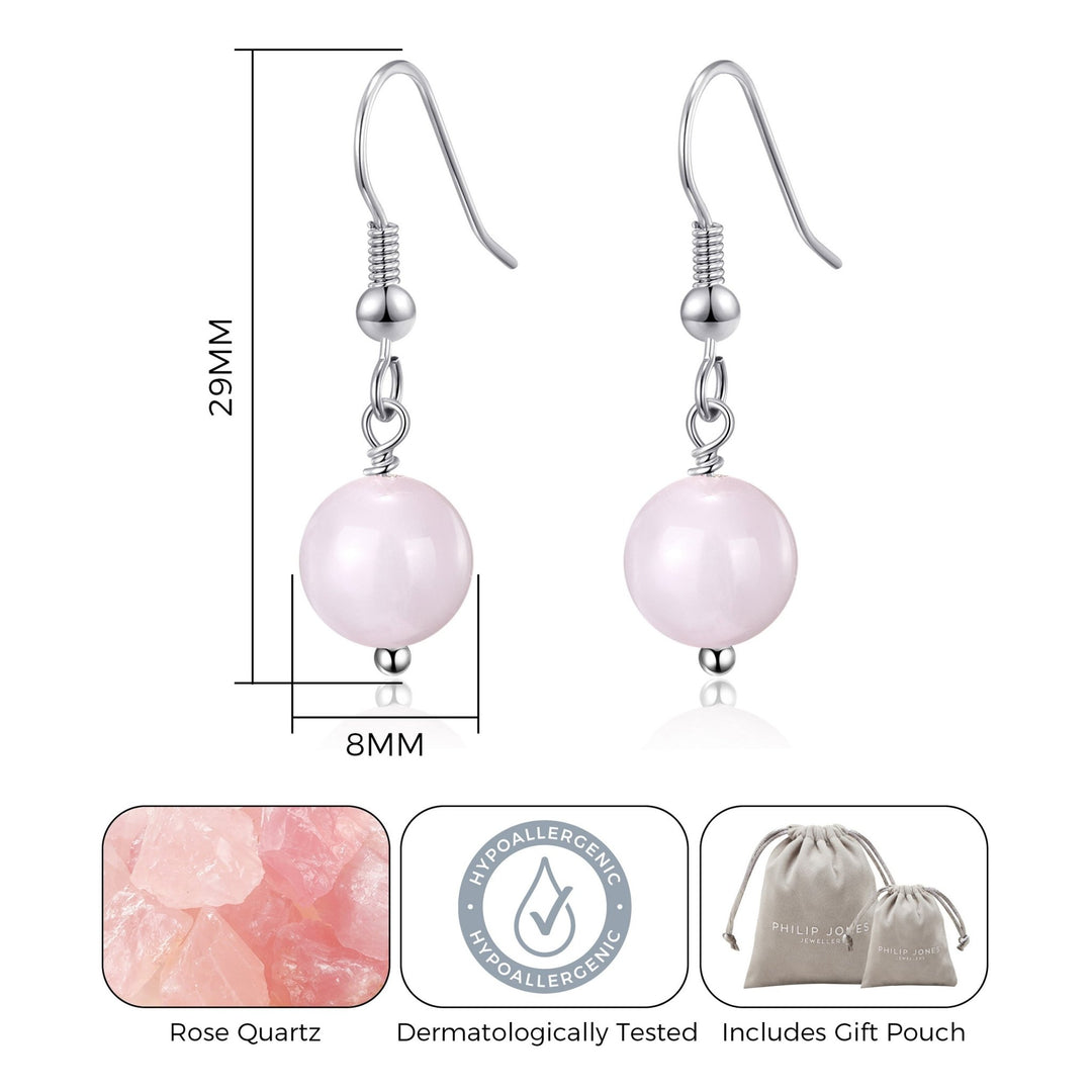 Rose Quartz Gemstone Round Drop Earrings - Philip Jones Jewellery