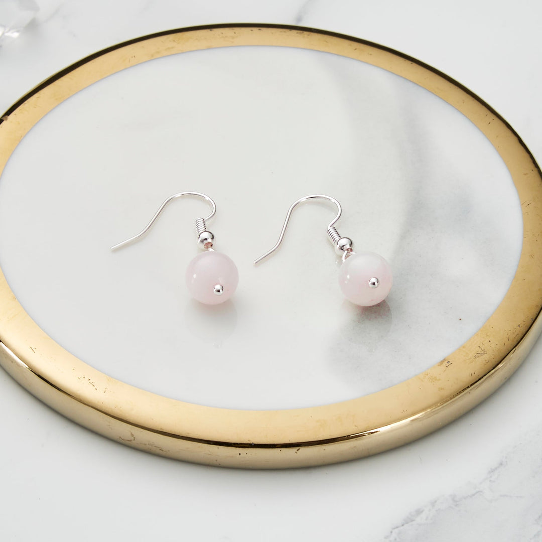 Rose Quartz Gemstone Round Drop Earrings - Philip Jones Jewellery