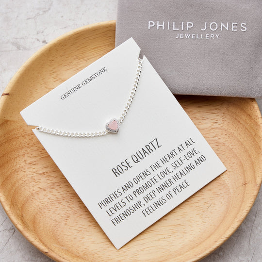 Rose Quartz Heart Gemstone Bracelet with Quote Card Created with Zircondia® Crystals - Philip Jones Jewellery