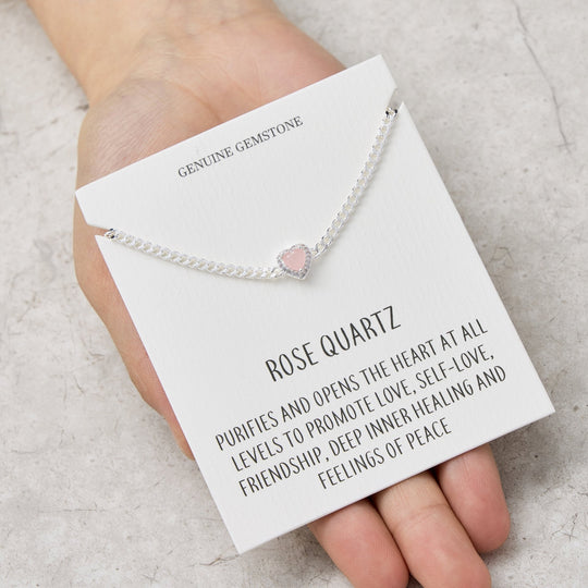 Rose Quartz Heart Gemstone Bracelet with Quote Card Created with Zircondia® Crystals - Philip Jones Jewellery