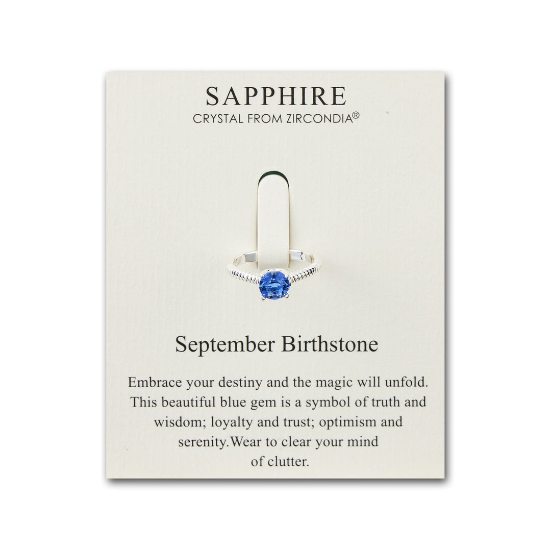 September (Sapphire) Adjustable Birthstone Ring Created with Zircondia® Crystals - Philip Jones Jewellery