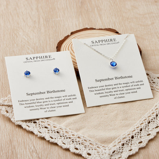 September (Sapphire) Birthstone Necklace & Earrings Set Created with Zircondia® Crystals - Philip Jones Jewellery