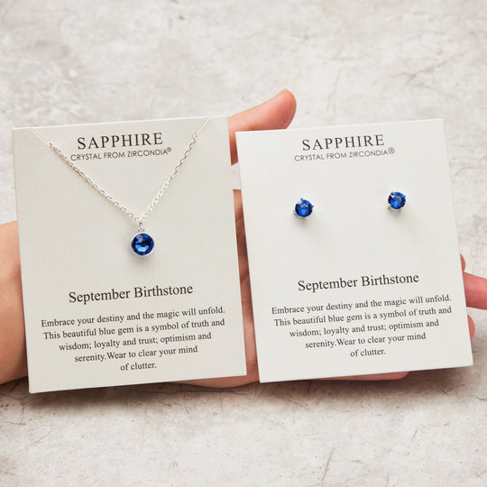 September (Sapphire) Birthstone Necklace & Earrings Set Created with Zircondia® Crystals - Philip Jones Jewellery