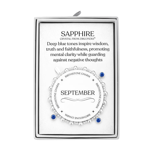 September (Sapphire) Birthstone Stretch Charm Bracelet with Quote Gift Box - Philip Jones Jewellery