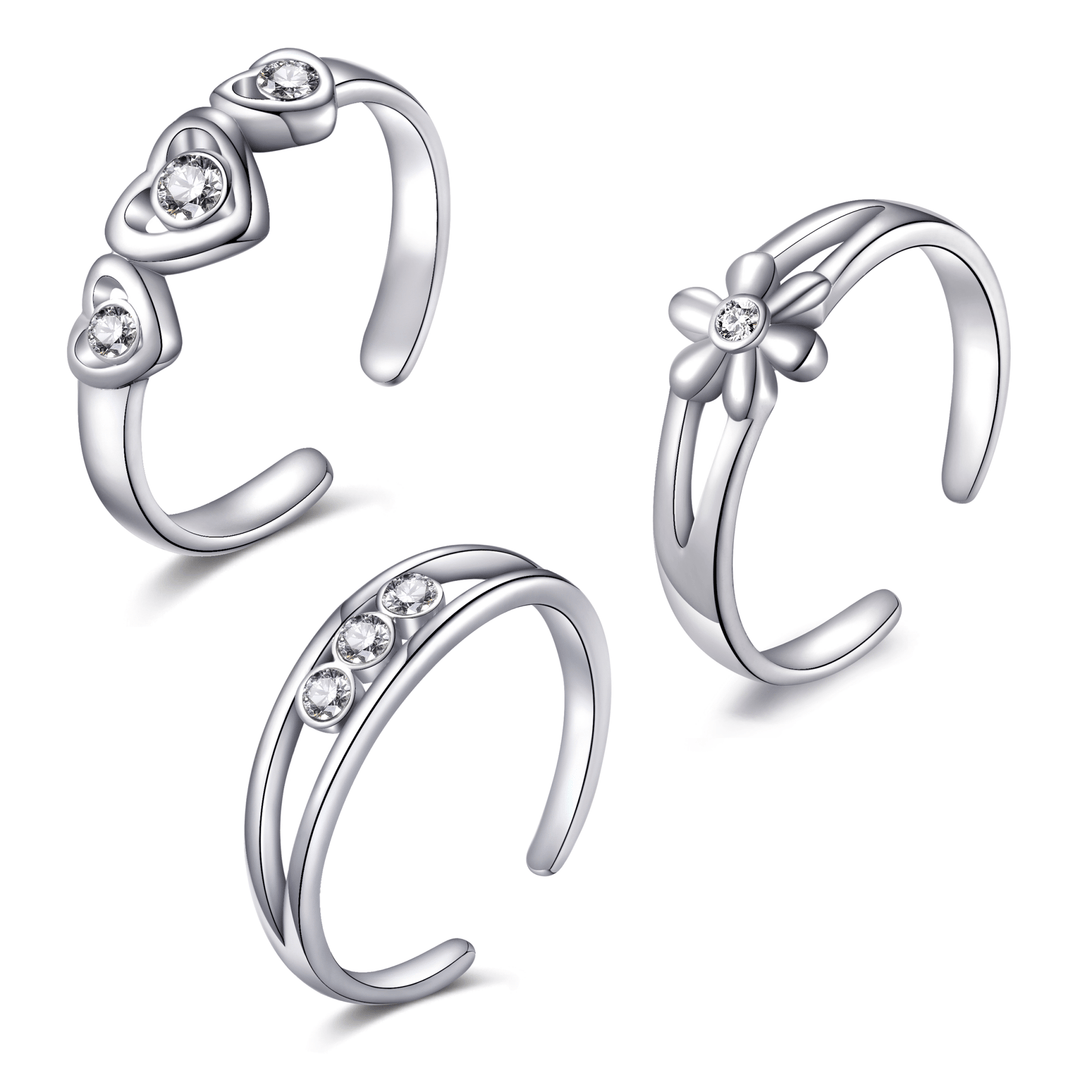 Set of Three Silver Plated Adjustable Toe Rings Created with Zircondia® Crystals - Philip Jones Jewellery