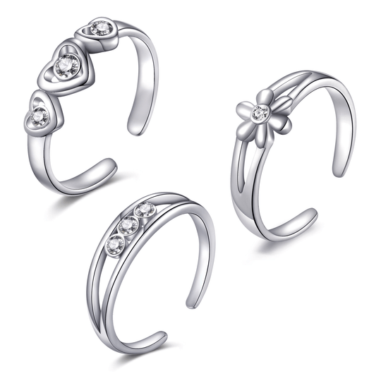 Set of Three Silver Plated Adjustable Toe Rings Created with Zircondia® Crystals - Philip Jones Jewellery