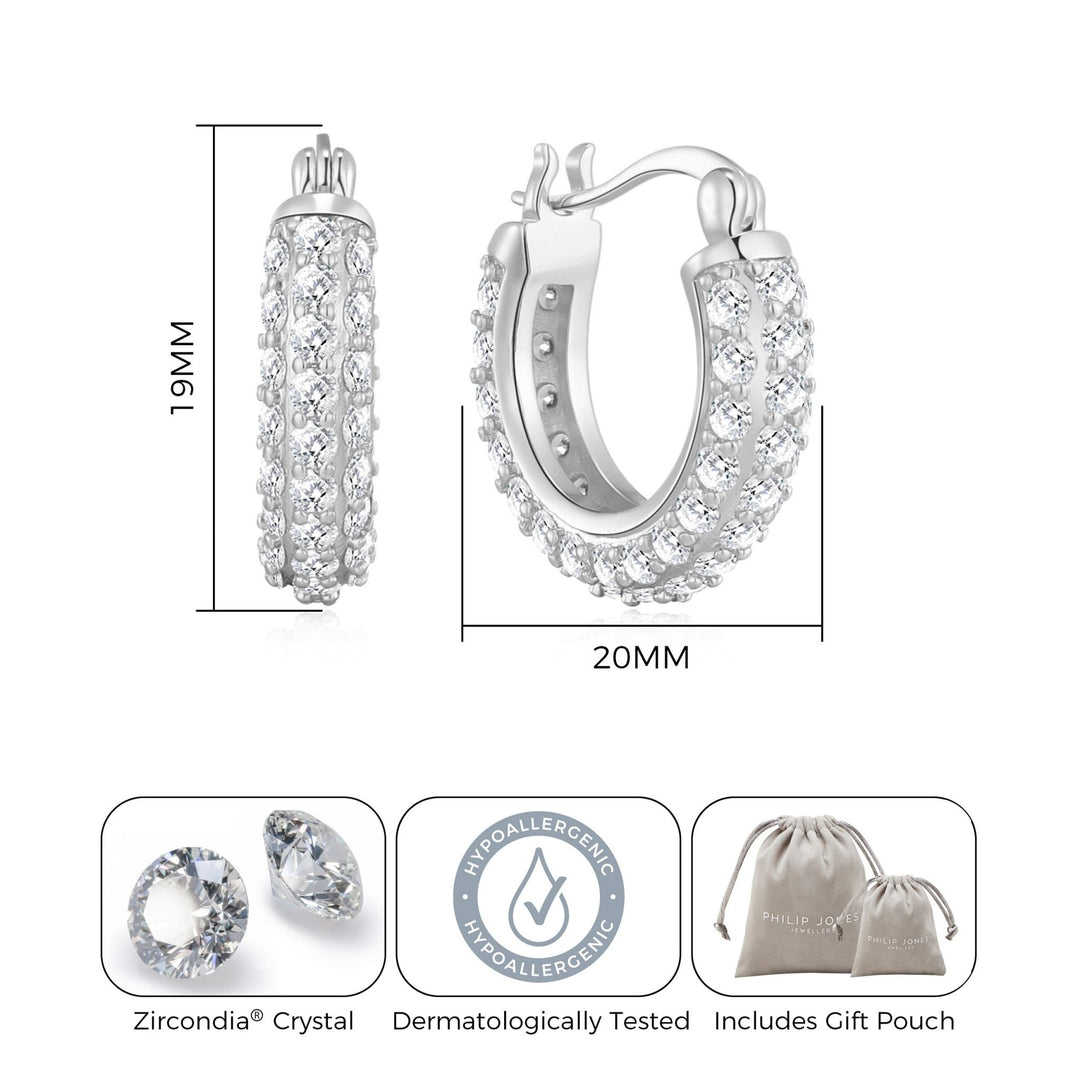 Silver Plated 20mm Pave Hoop Earrings Created with Zircondia® Crystals - Philip Jones Jewellery