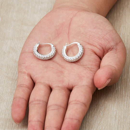 Silver Plated 20mm Pave Hoop Earrings Created with Zircondia® Crystals - Philip Jones Jewellery