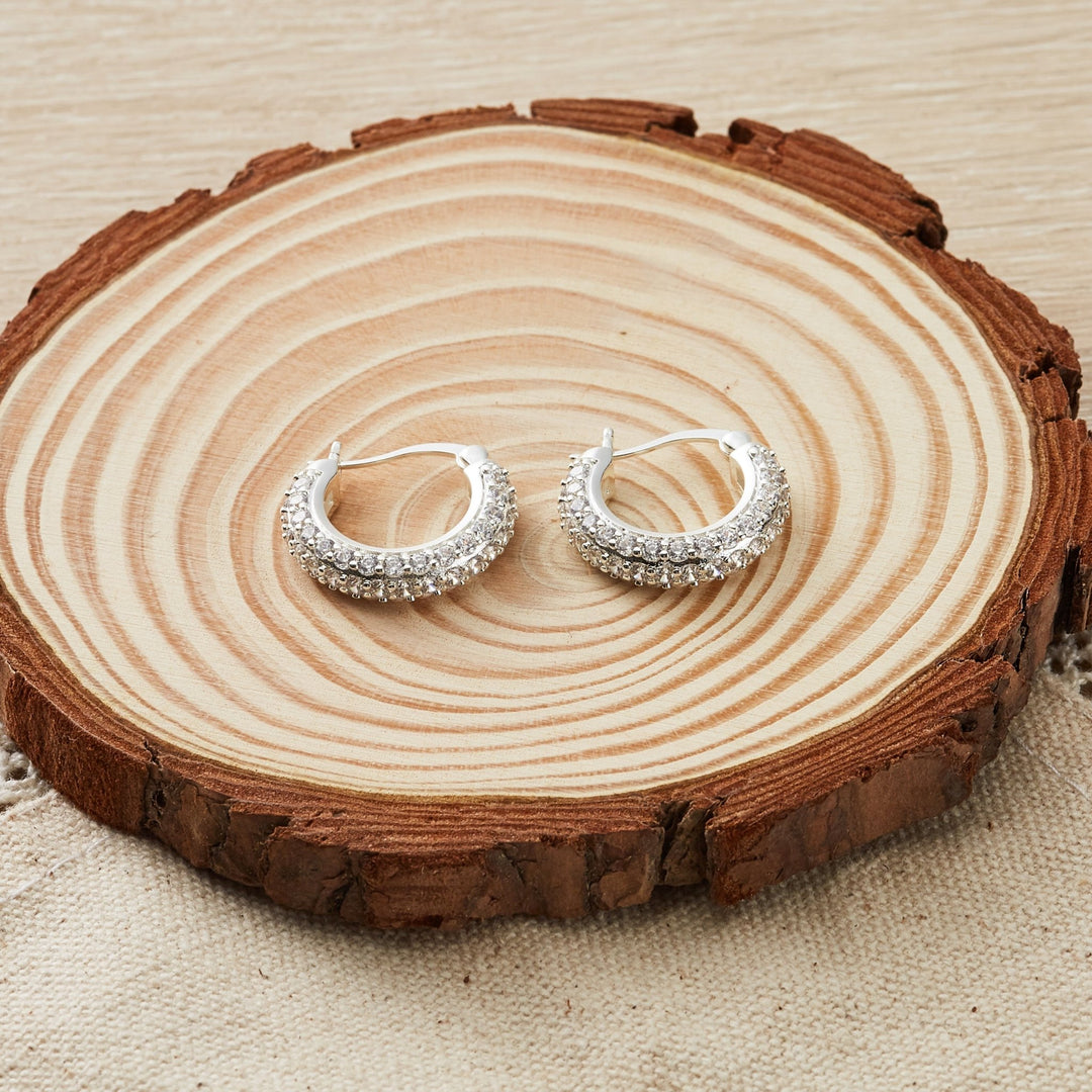Silver Plated 20mm Pave Hoop Earrings Created with Zircondia® Crystals - Philip Jones Jewellery
