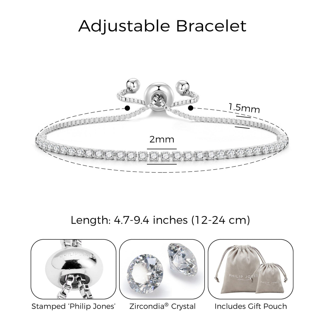 Silver Plated 2mm Adjustable Tennis Bracelet Created with Zircondia® Crystals - Philip Jones Jewellery