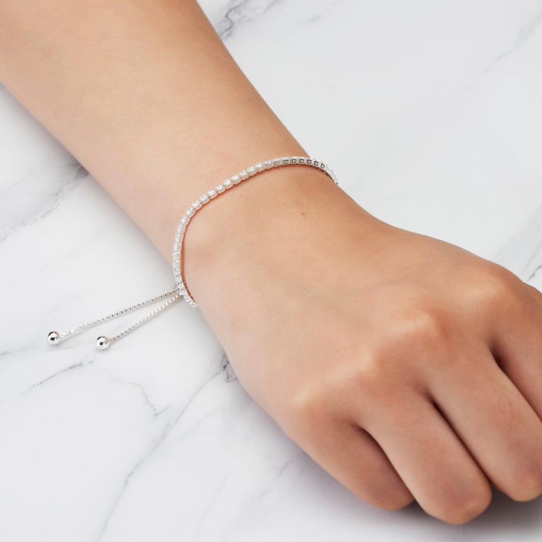 Silver Plated 2mm Adjustable Tennis Bracelet Created with Zircondia® Crystals - Philip Jones Jewellery