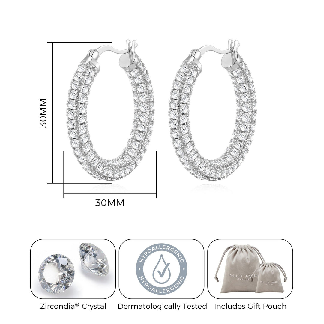 Silver Plated 30mm Pave Hoop Earrings Created with Zircondia® Crystals - Philip Jones Jewellery