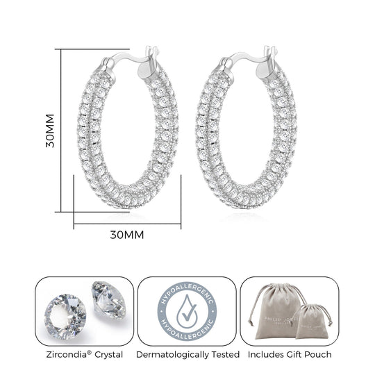Silver Plated 30mm Pave Hoop Earrings Created with Zircondia® Crystals - Philip Jones Jewellery