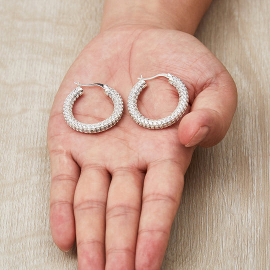 Silver Plated 30mm Pave Hoop Earrings Created with Zircondia® Crystals - Philip Jones Jewellery