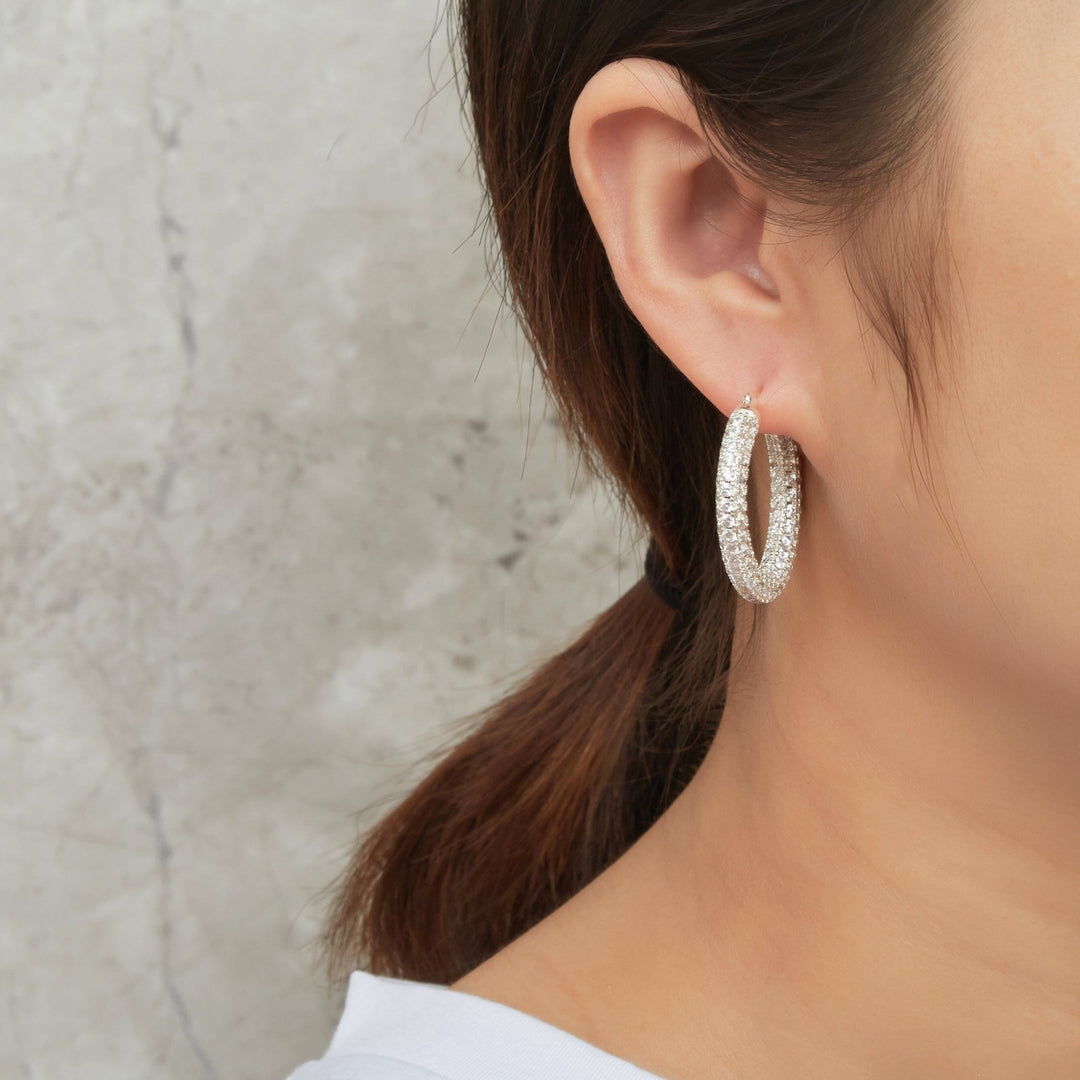 Silver Plated 30mm Pave Hoop Earrings Created with Zircondia® Crystals - Philip Jones Jewellery