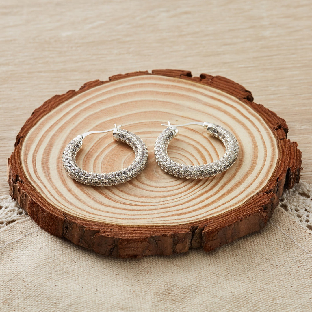 Silver Plated 30mm Pave Hoop Earrings Created with Zircondia® Crystals - Philip Jones Jewellery