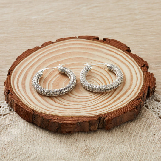 Silver Plated 30mm Pave Hoop Earrings Created with Zircondia® Crystals - Philip Jones Jewellery