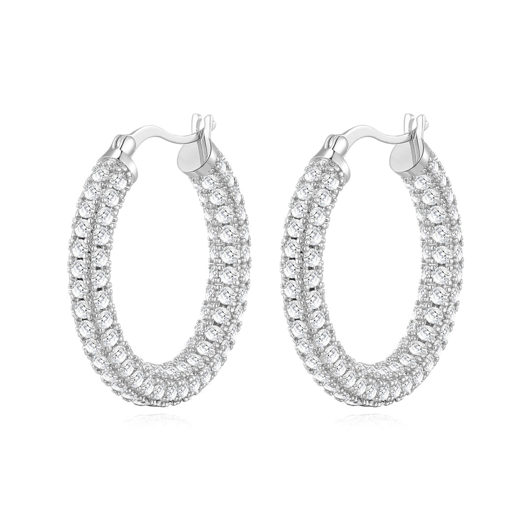 Silver Plated 30mm Pave Hoop Earrings Created with Zircondia® Crystals - Philip Jones Jewellery