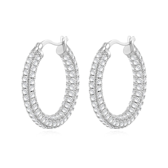 Silver Plated 30mm Pave Hoop Earrings Created with Zircondia® Crystals - Philip Jones Jewellery