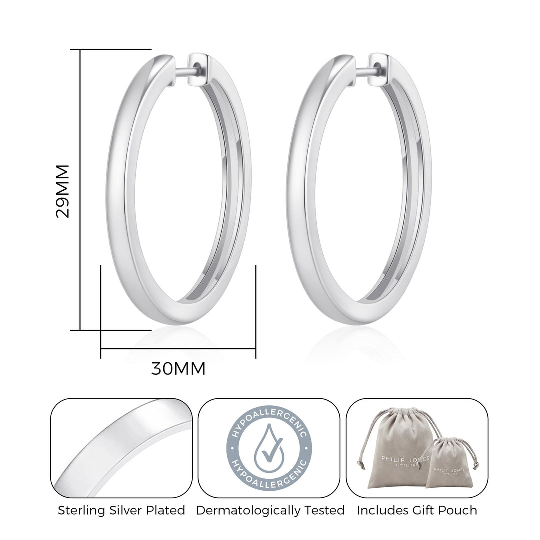 Silver Plated 30mm Plain Hoop Earrings Created with Zircondia® Crystals - Philip Jones Jewellery