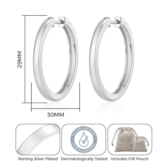 Silver Plated 30mm Plain Hoop Earrings Created with Zircondia® Crystals - Philip Jones Jewellery