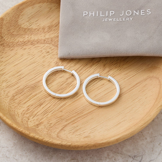 Silver Plated 30mm Plain Hoop Earrings Created with Zircondia® Crystals - Philip Jones Jewellery