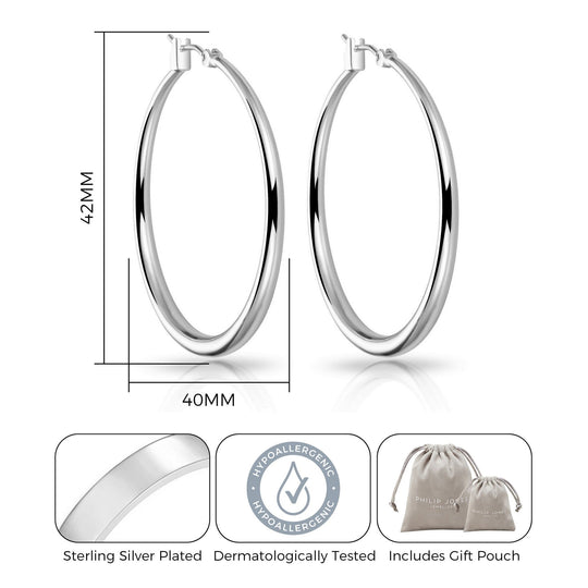 Silver Plated 40mm Hoop Earrings - Philip Jones Jewellery
