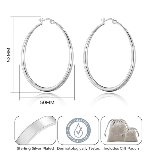 Silver Plated 50mm Hoop Earrings - Philip Jones Jewellery