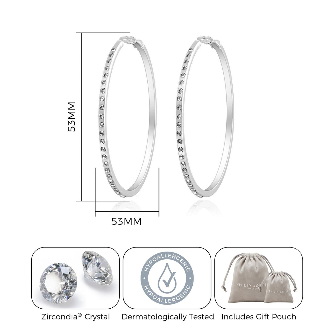 Silver Plated 50mm Hoop Earrings Created with Zircondia® Crystals - Philip Jones Jewellery