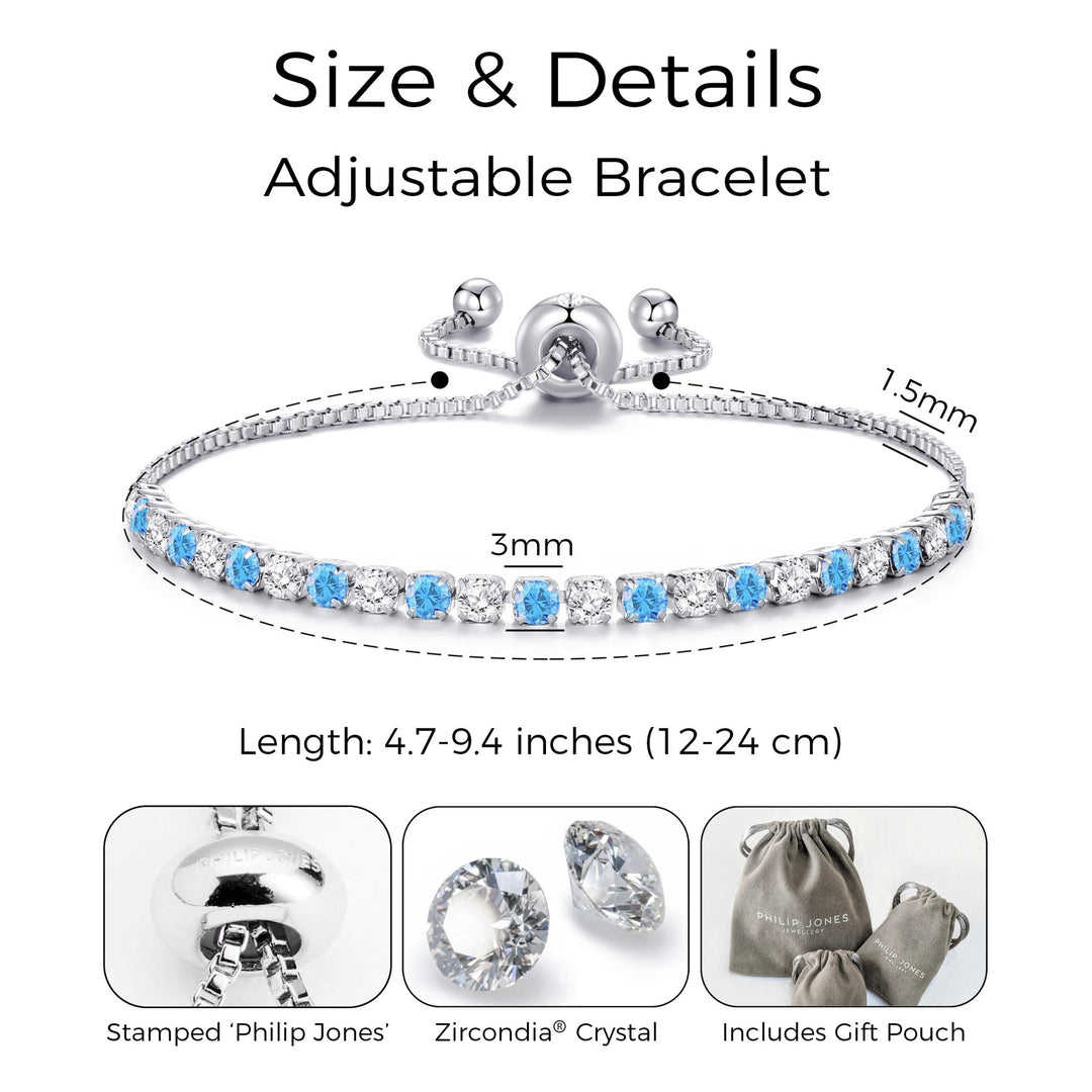 Silver Plated Adjustable Blue Tennis Bracelet Created with Zircondia® Crystals - Philip Jones Jewellery