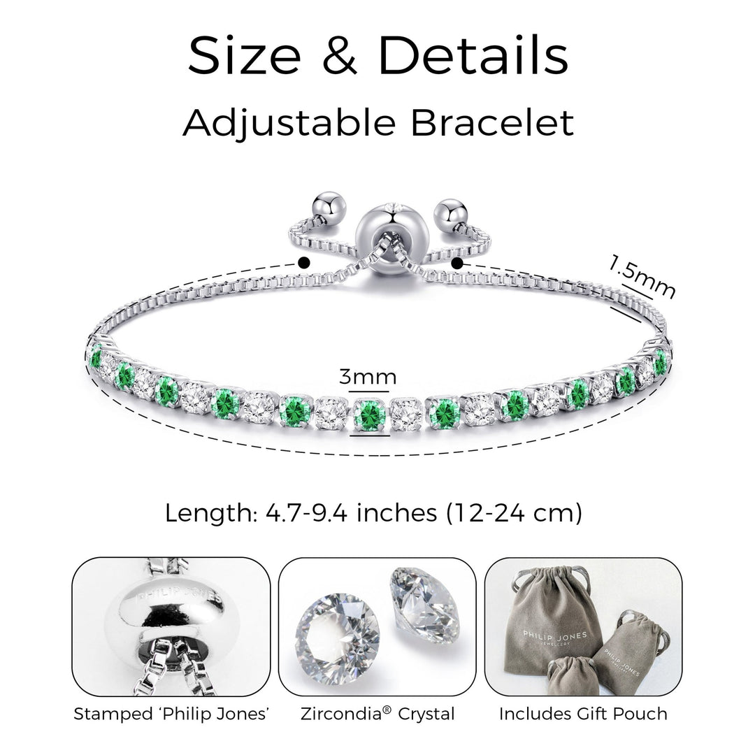 Silver Plated Adjustable Green Tennis Bracelet Created with Zircondia® Crystals - Philip Jones Jewellery