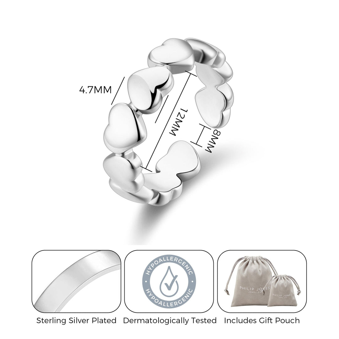 Silver Plated Adjustable Heart Band Ring - Philip Jones Jewellery