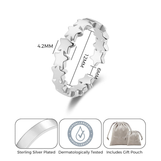 Silver Plated Adjustable Star Band Ring - Philip Jones Jewellery