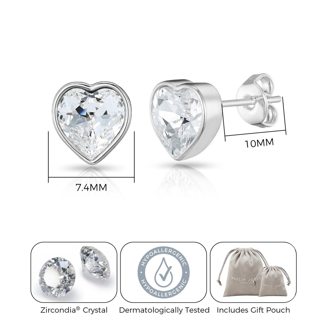 Silver Plated Bezel set Heart Earrings Created with Zircondia® Crystals - Philip Jones Jewellery