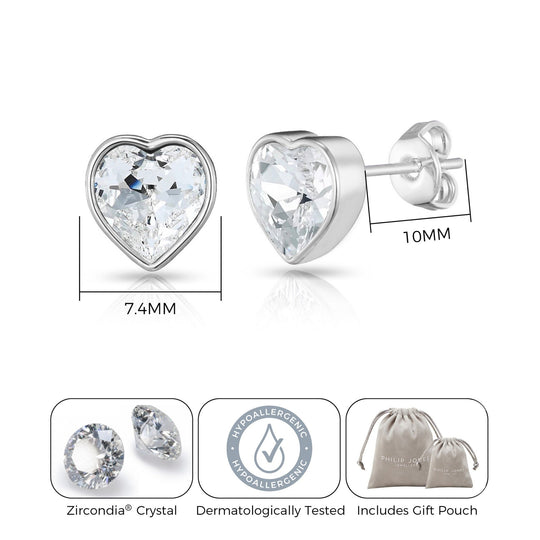 Silver Plated Bezel set Heart Earrings Created with Zircondia® Crystals - Philip Jones Jewellery