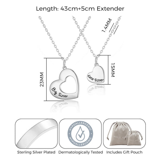 Silver Plated Big Sister and Little Sister Necklace Set with Quote Card - Philip Jones Jewellery