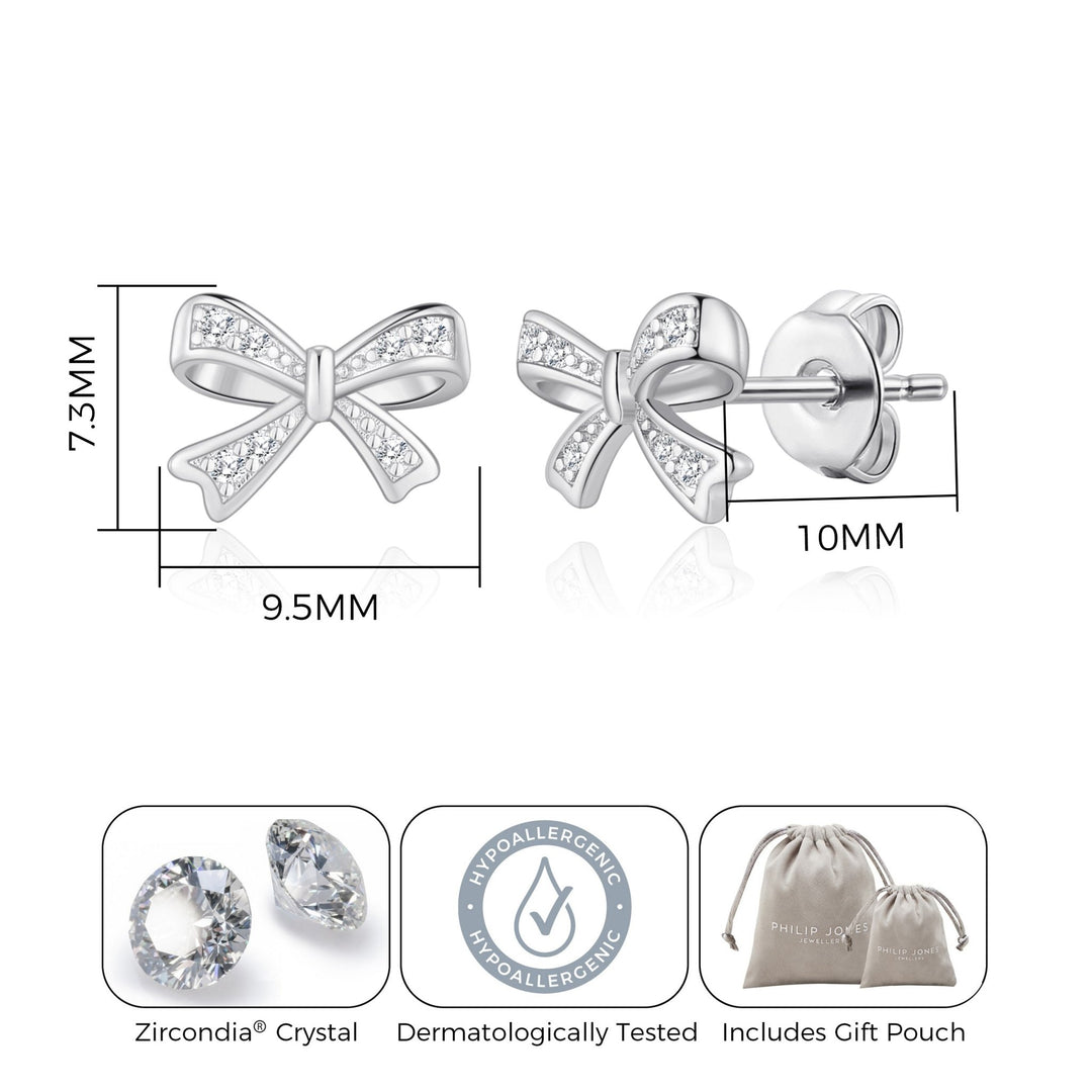 Silver Plated Bow Earrings Created with Zircondia® Crystals - Philip Jones Jewellery