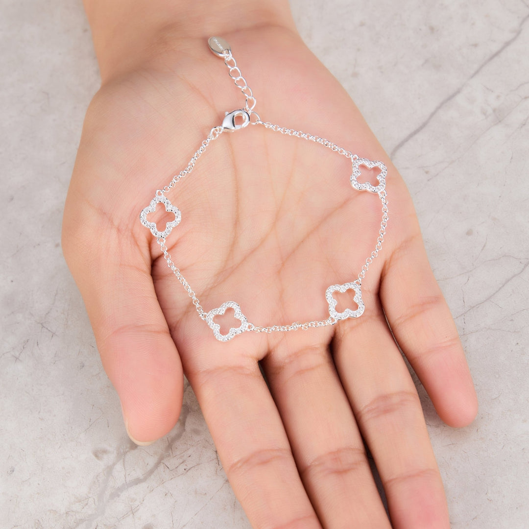 Silver Plated Clover Bracelet Created with Zircondia® Crystals - Philip Jones Jewellery
