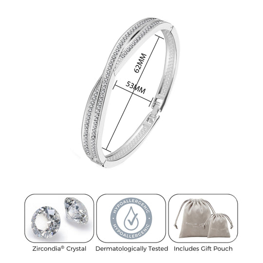 Silver Plated Crossover Bangle Created with Zircondia® Crystals (7 Inch) - Philip Jones Jewellery